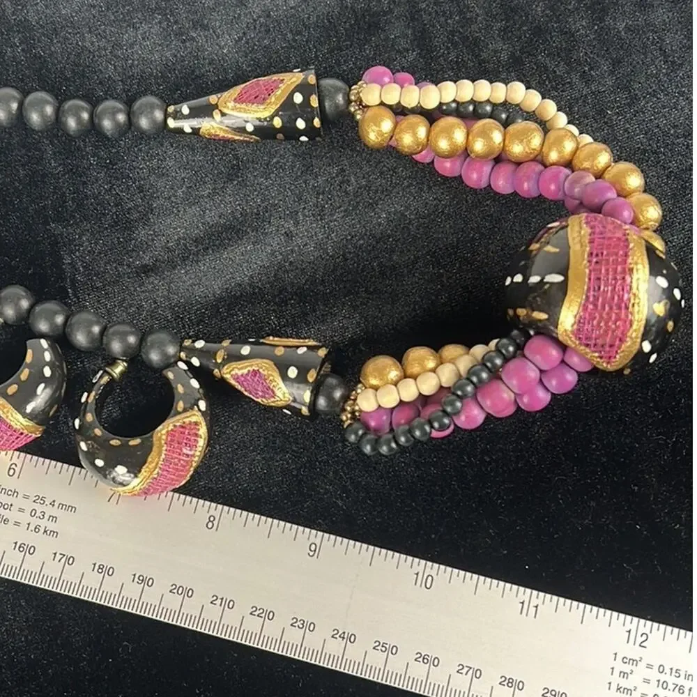 Hand Painted Wood Beaded Necklace & Earring Set Black Gold Magenta Statement